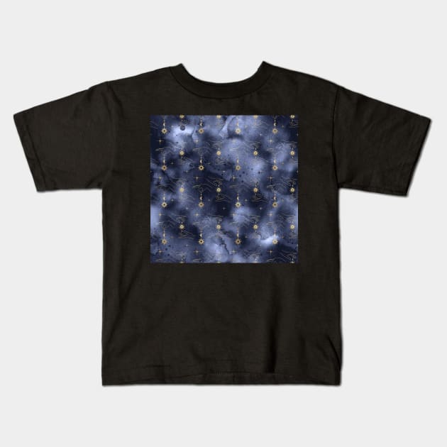 Golden Sun Moon Star on String Hand Navy Blue Kids T-Shirt by marknprints